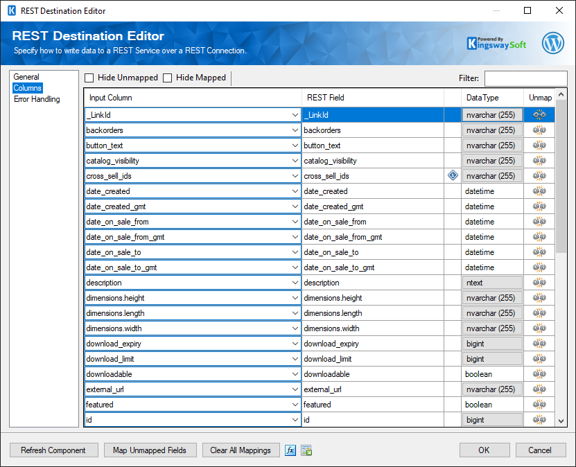 SSIS WordPress REST Destination - Columns